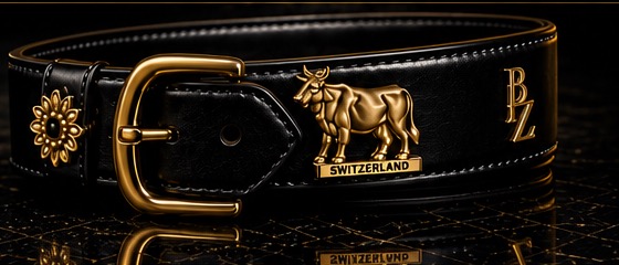 Nahaufnahme des Gürtels mit Edelweiss, Schnalle, goldener Kuh und PZ-Monogramm